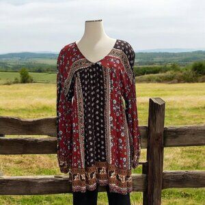 Velzera Boho Tunic Top Womens Small Long Sleeve‎ Floral Paisley Peasant Blouse